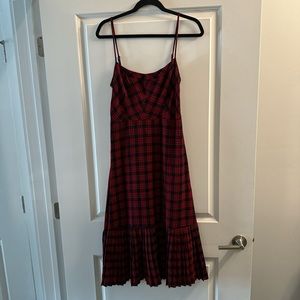 Plaid spaghetti strap midi dress with pleated bottom